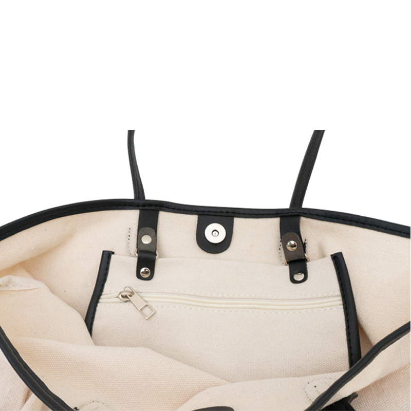 High quality reusable strong and durbale polyester cotton canvas tote shopping bag with leather handle