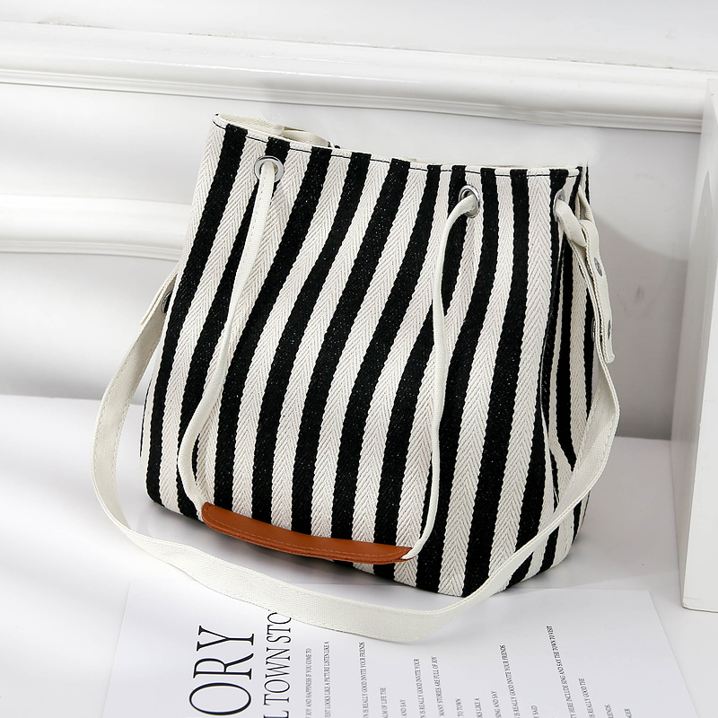 New women's canvas bucket bag striped shoulder diagonal cross multi-purpose Korean fashion handbag