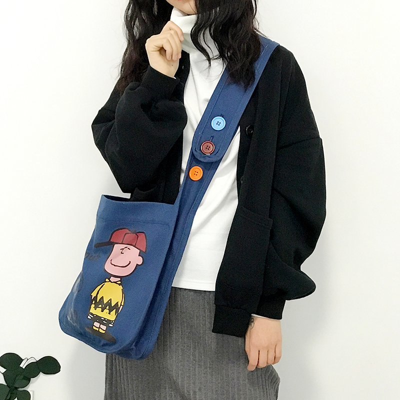 Original adjustable button canvas bag logo printed crossbody bag for ladies