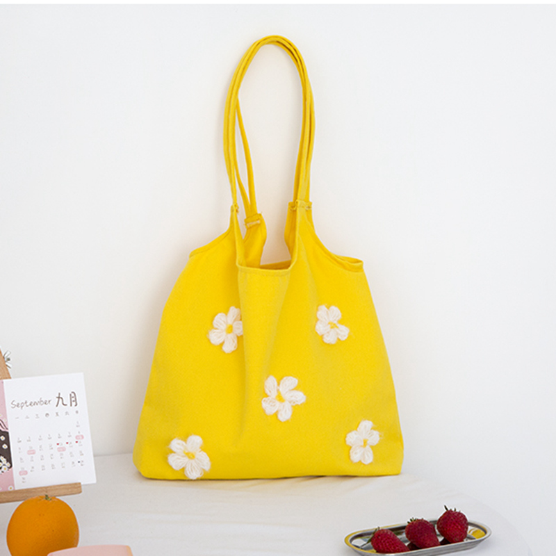Simple personality small daisy print 12 oz thick eco friendly fabric cotton shoulder bag for women