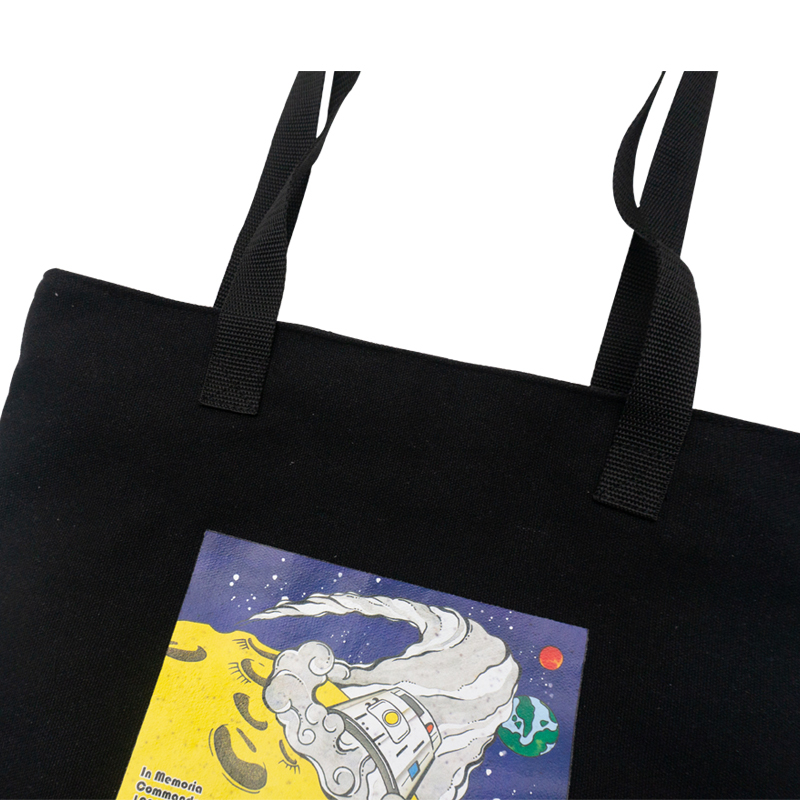 Digital cartoon printing black canvas tote shopping bag for wholesale