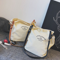 Canvas bag female single shoulder large capacity simple student bucket bag with leather strap