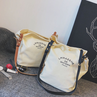 Canvas bag female single shoulder large capacity simple student bucket bag with leather strap