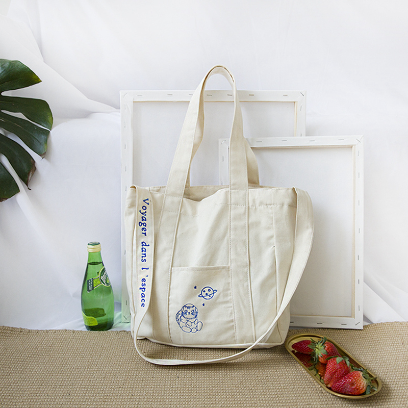 Embroidery Planet Cat Astronaut Canvas Bag Large Capacity Wide Shoulder Strap Shoulder Crossbody Student Bag