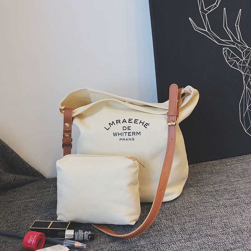 Canvas bag female single shoulder large capacity simple student bucket bag with leather strap