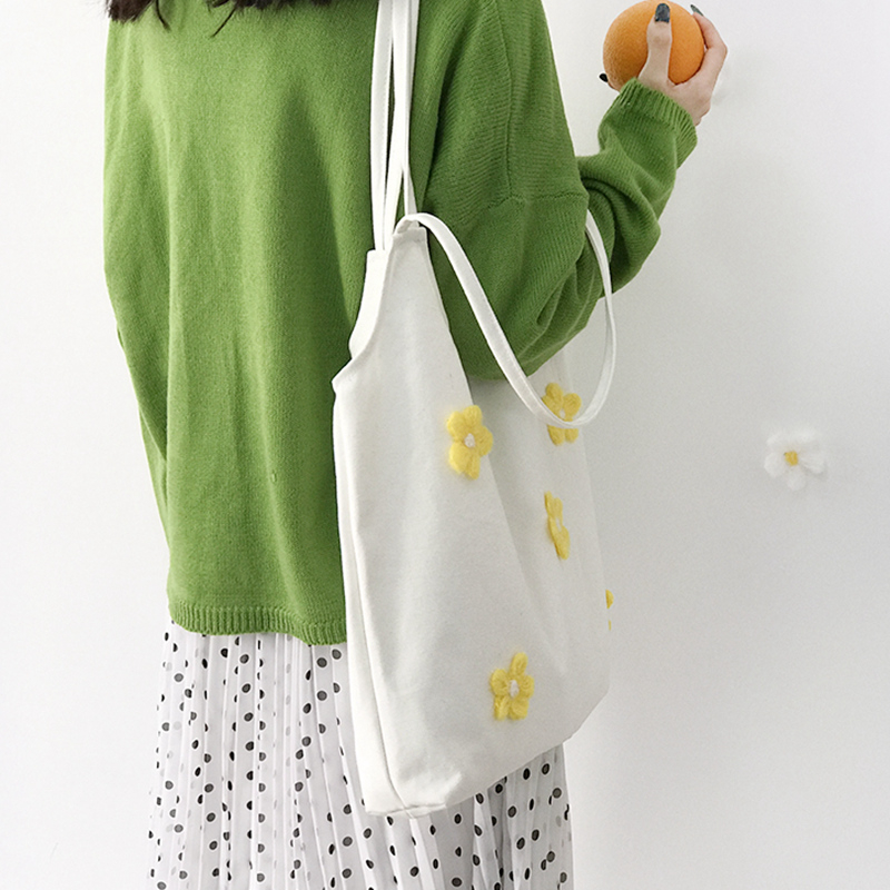 Simple personality small daisy print 12 oz thick eco friendly fabric cotton shoulder bag for women