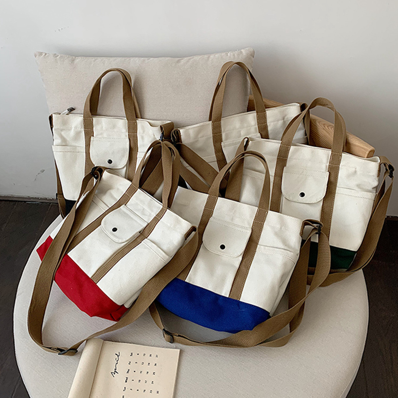 Large capacity new contrast color canvas Messenger bag female ins shoulder canvas bag casual simple tote bag