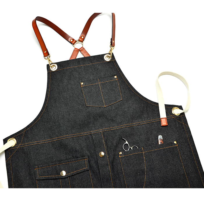 Original design leather strap denim work apron barista hairdresser bar black overalls with logo custom