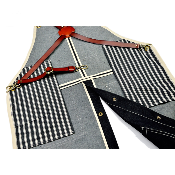 Cross strap barista work apron restaurant floral handmade denim leather apron with logo custom