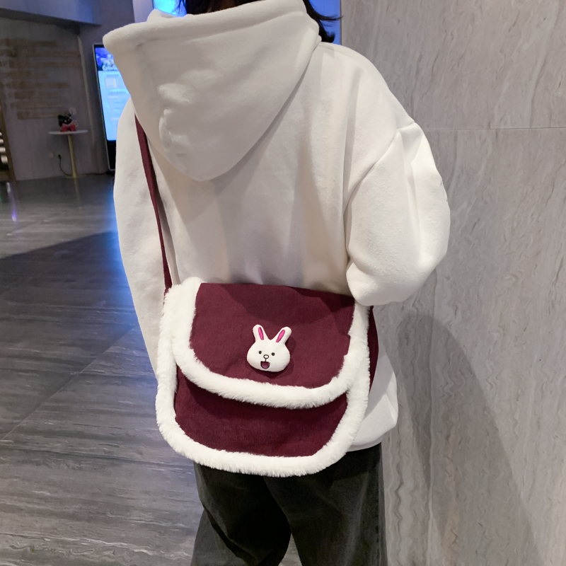 Winter warm large capacity velvet fabric ladies messenger bag cute cartoon canvas bag