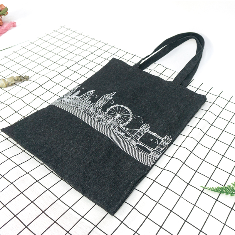 Fashion personalized silk printing simple lightweight reusable denim canvas tote shoulder bag from China Supplier