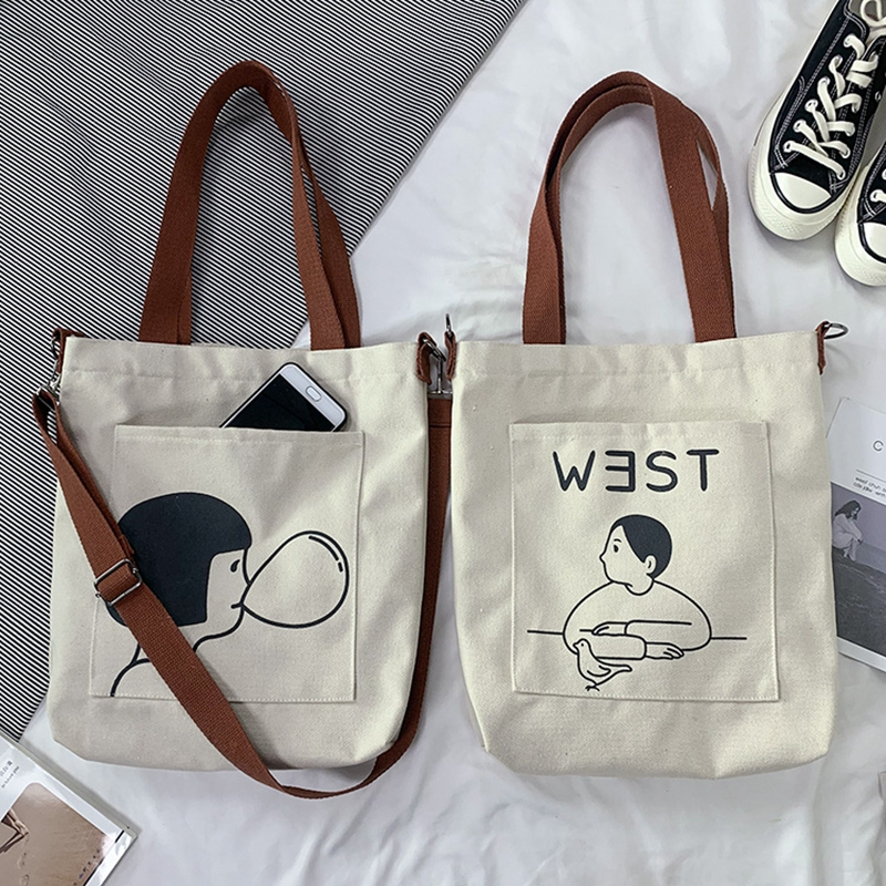 Japanese style cartoon silkscreen 16oz thick canvas portable diagonal bag 