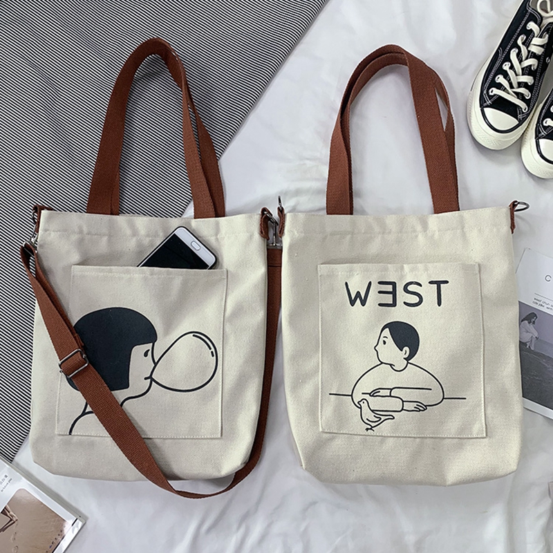 Japanese style cartoon silkscreen 16oz thick canvas portable diagonal bag 