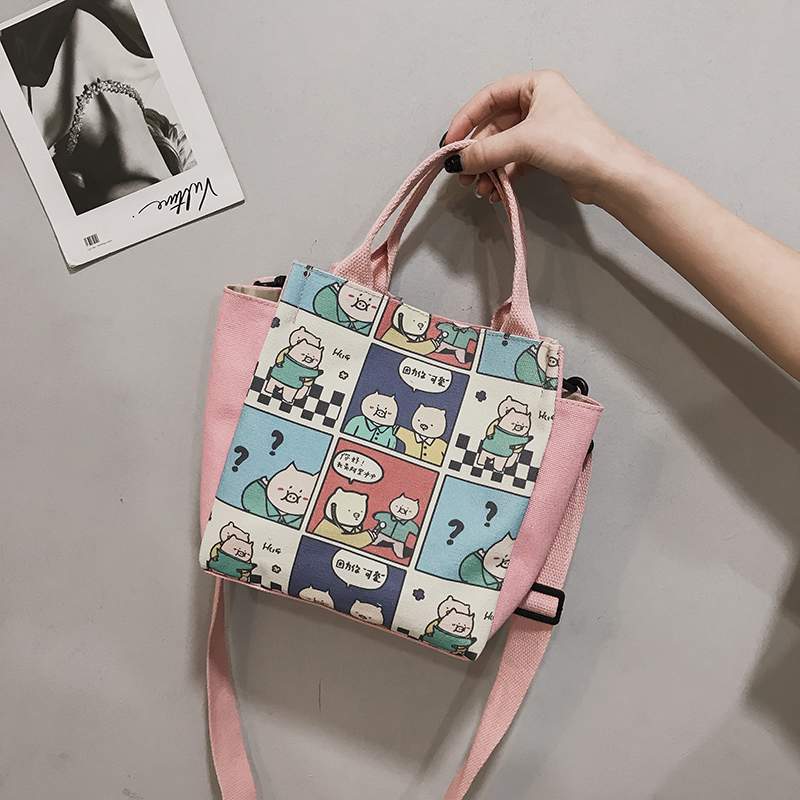 2019 Ins fashion Korean style cartoon printing canvas messenger tote bag with logo custom