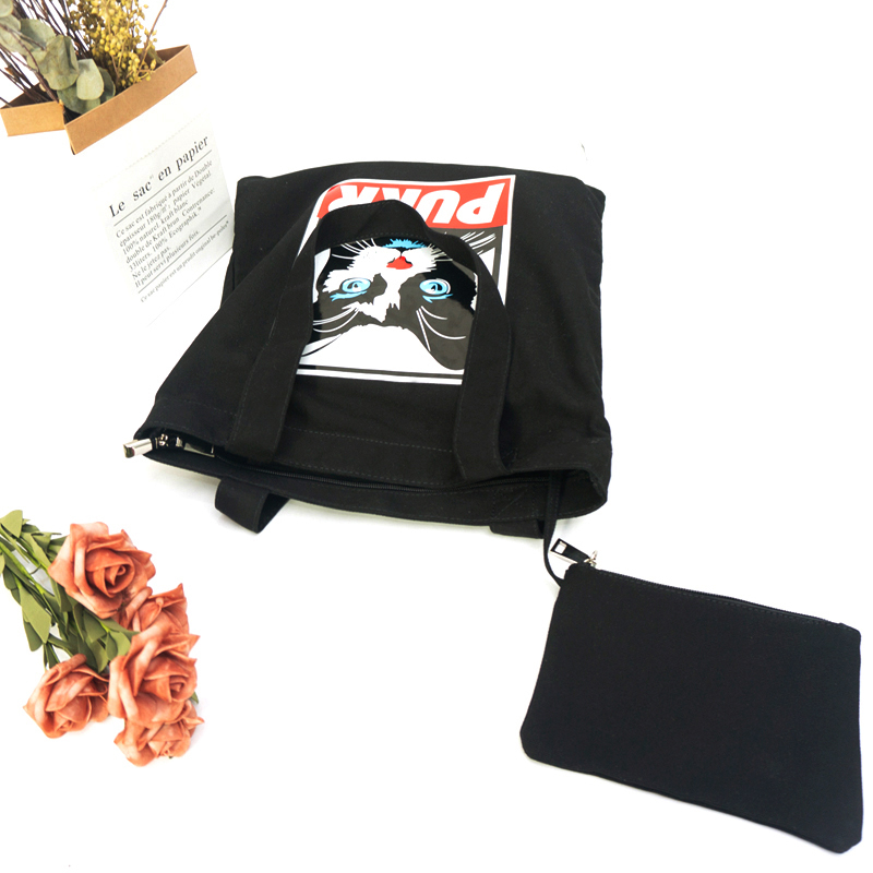 Fashion heat transfer printing animal pattern cute funny black leisure tote shoulder bag for ladies