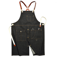 Original design leather strap denim work apron barista hairdresser bar black overalls with logo custom