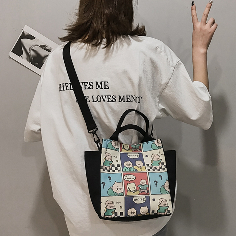 2019 Ins fashion Korean style cartoon printing canvas messenger tote bag with logo custom