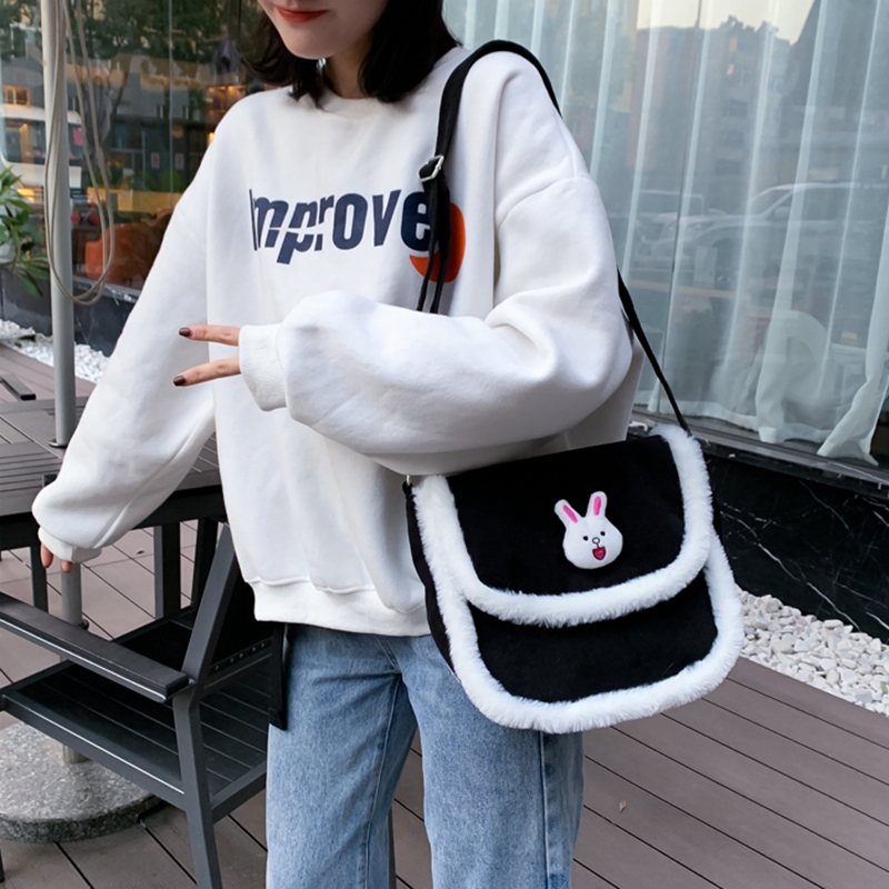 Winter warm large capacity velvet fabric ladies messenger bag cute cartoon canvas bag