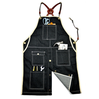 Cross strap barista work apron restaurant floral handmade denim leather apron with logo custom