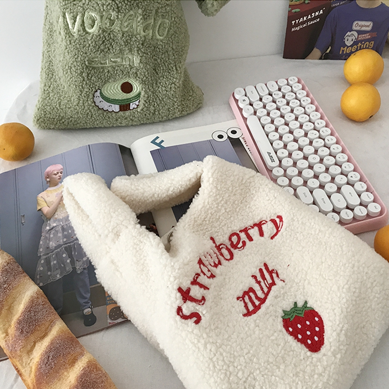 Avocado embroidery hand bag ins simple imitation lamb wool bag strawberry embroidery bag