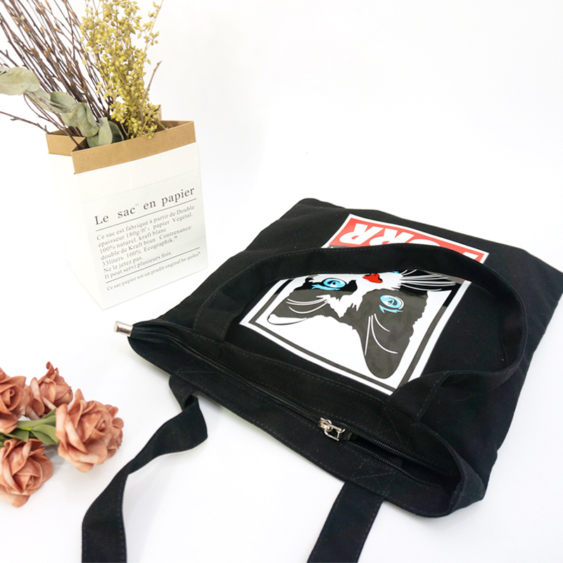 Fashion heat transfer printing animal pattern cute funny black leisure tote shoulder bag for ladies