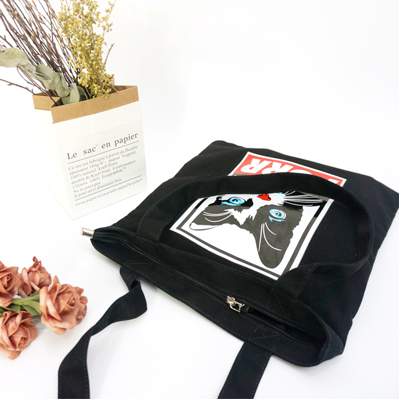 Fashion heat transfer printing animal pattern cute funny black leisure tote shoulder bag for ladies