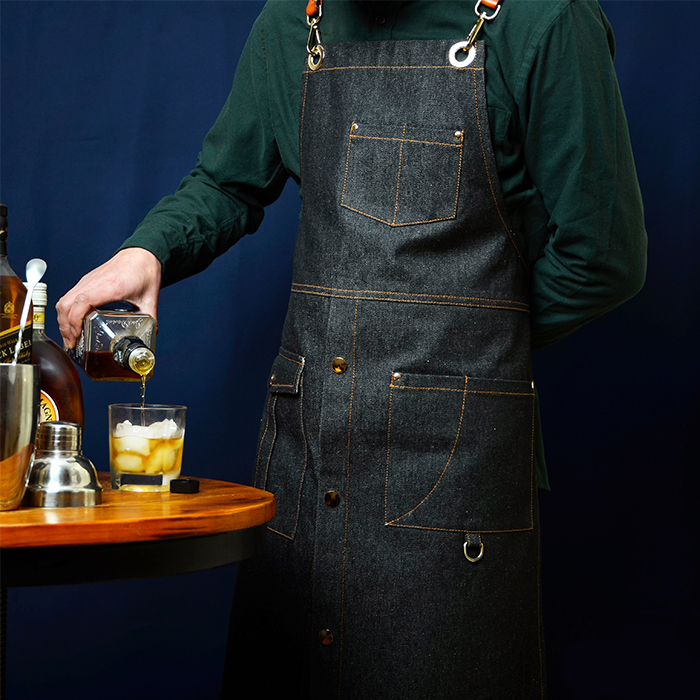 Original design leather strap denim work apron barista hairdresser bar black overalls with logo custom