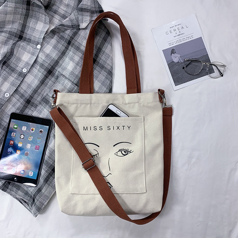 Japanese style cartoon silkscreen 16oz thick canvas portable diagonal bag 