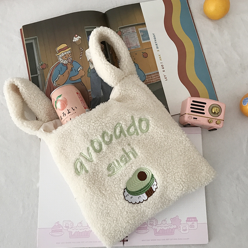 Avocado embroidery hand bag ins simple imitation lamb wool bag strawberry embroidery bag