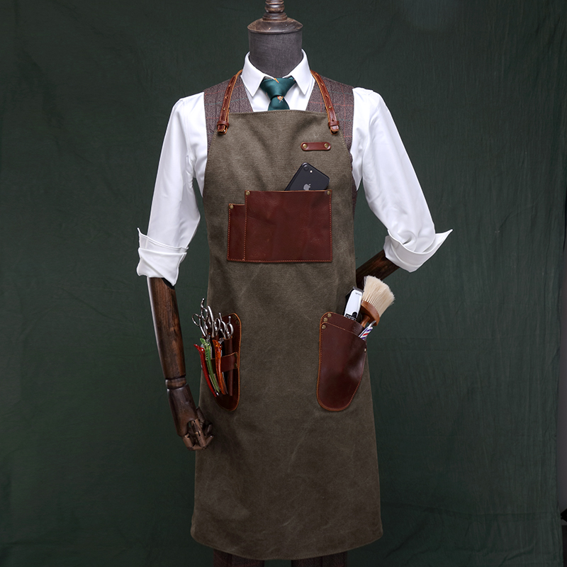 Vintage genuine leather denim apron washable wear resistant work apron