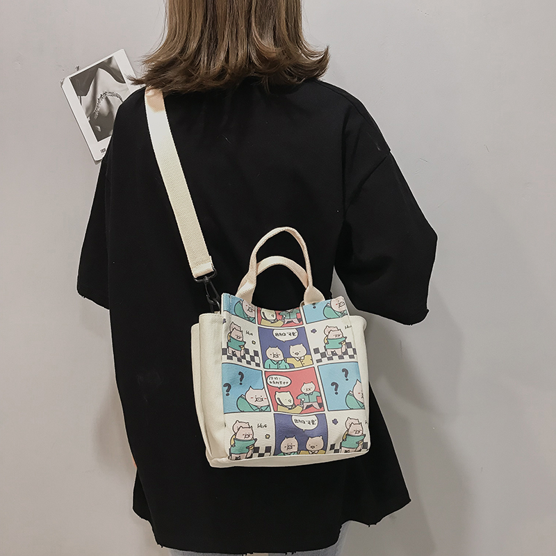 2019 Ins fashion Korean style cartoon printing canvas messenger tote bag with logo custom