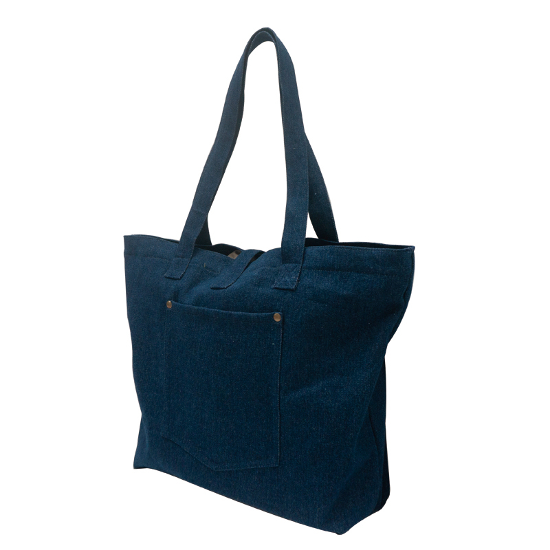 Simple fashion eco friendly breathable cotton canvas denim fabric dark blue unisex tote bag from China Supplier