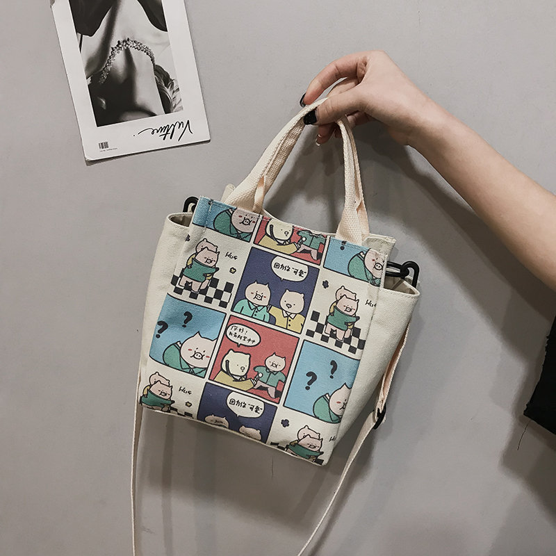 2019 Ins fashion Korean style cartoon printing canvas messenger tote bag with logo custom