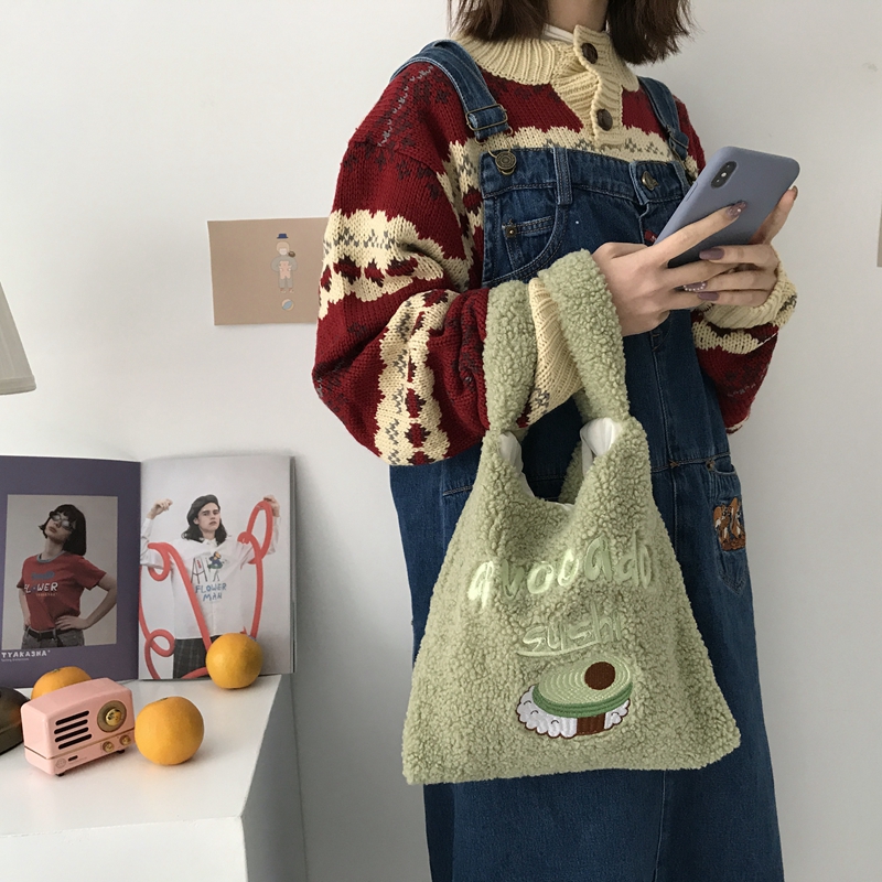 Avocado embroidery hand bag ins simple imitation lamb wool bag strawberry embroidery bag