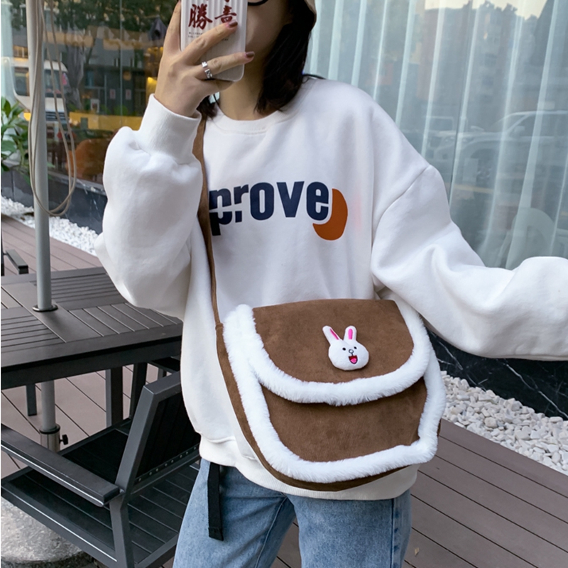 Winter warm large capacity velvet fabric ladies messenger bag cute cartoon canvas bag