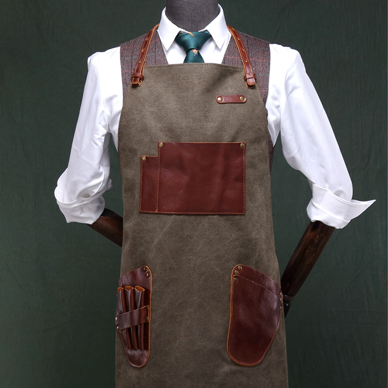 Vintage genuine leather denim apron washable wear resistant work apron