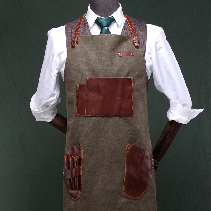 Vintage genuine leather denim apron washable wear resistant work apron