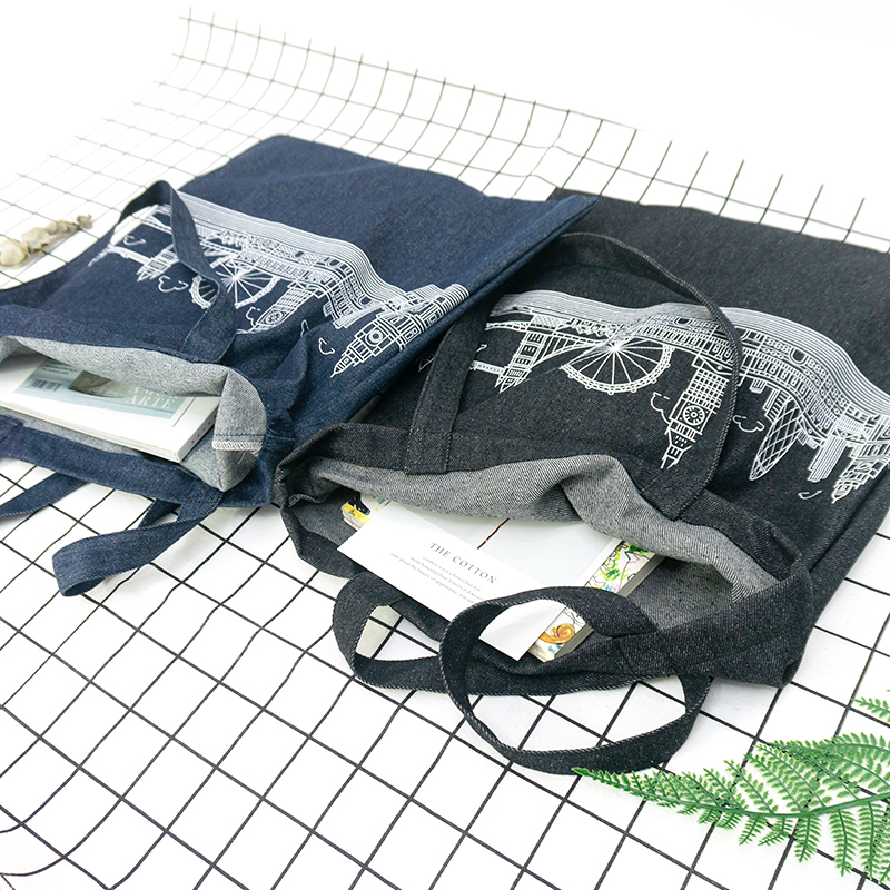 Fashion personalized silk printing simple lightweight reusable denim canvas tote shoulder bag from China Supplier