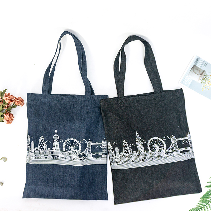 Fashion personalized silk printing simple lightweight reusable denim canvas tote shoulder bag from China Supplier