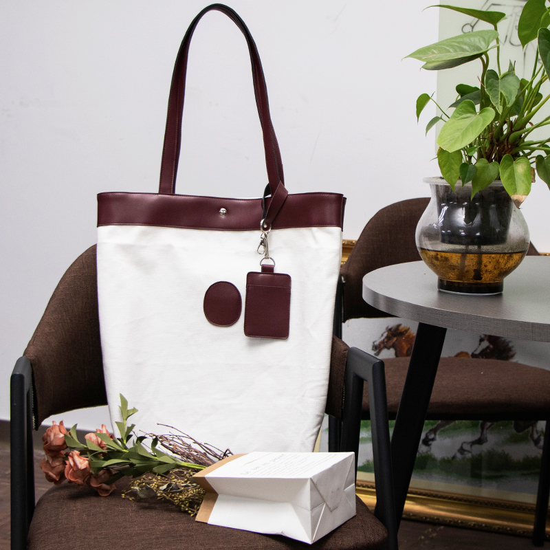 New Arrival Original Design Lady Handbag White Canvas Tote Bag with Card Case
