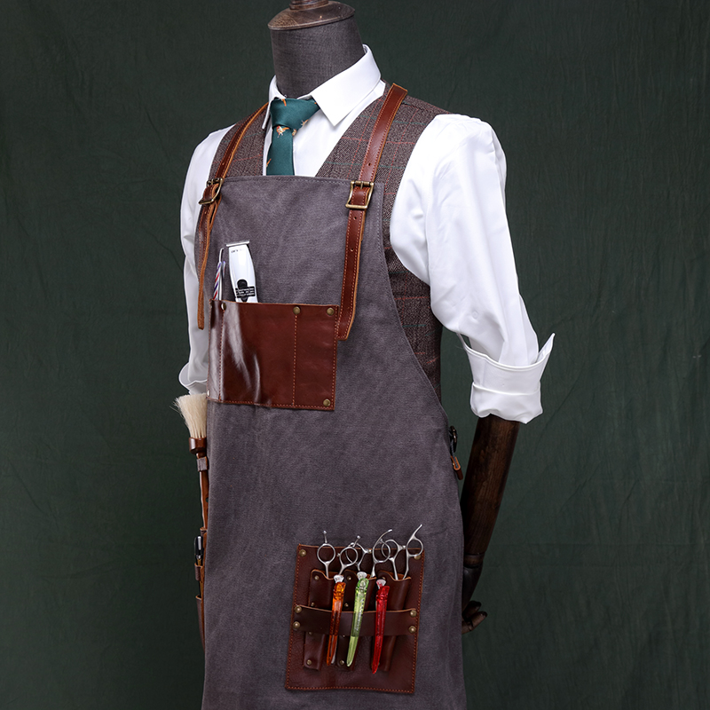 Stylish and quality factory custom genuine leather industry canvas apron with multifunction tool pockets