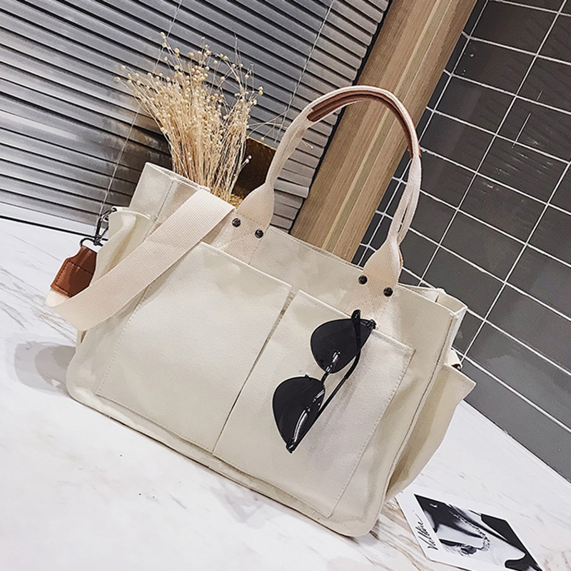 Ins large capacity casual canvas bag multi-pocket practical shoulder bag